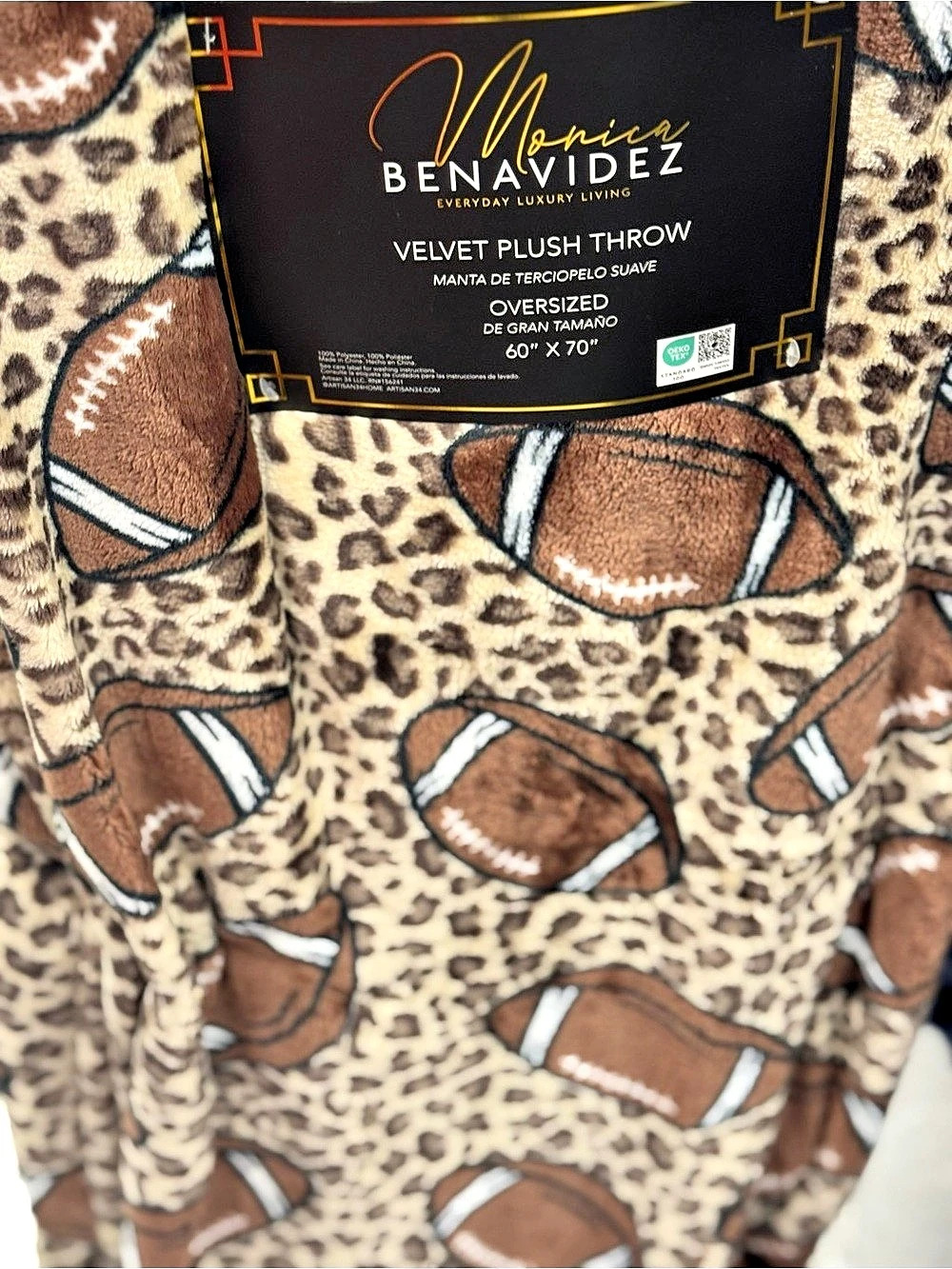 Monica Benavidez Velvet Plush Throw Football Leopard Print NWT
